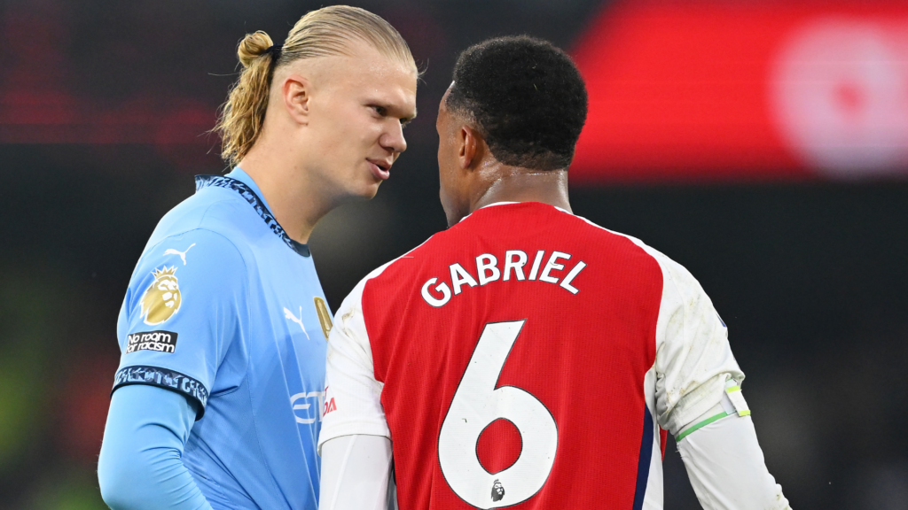 Erling Haaland squares up to Gabriel Magalhaes during Manchester City's clash with Arsenal