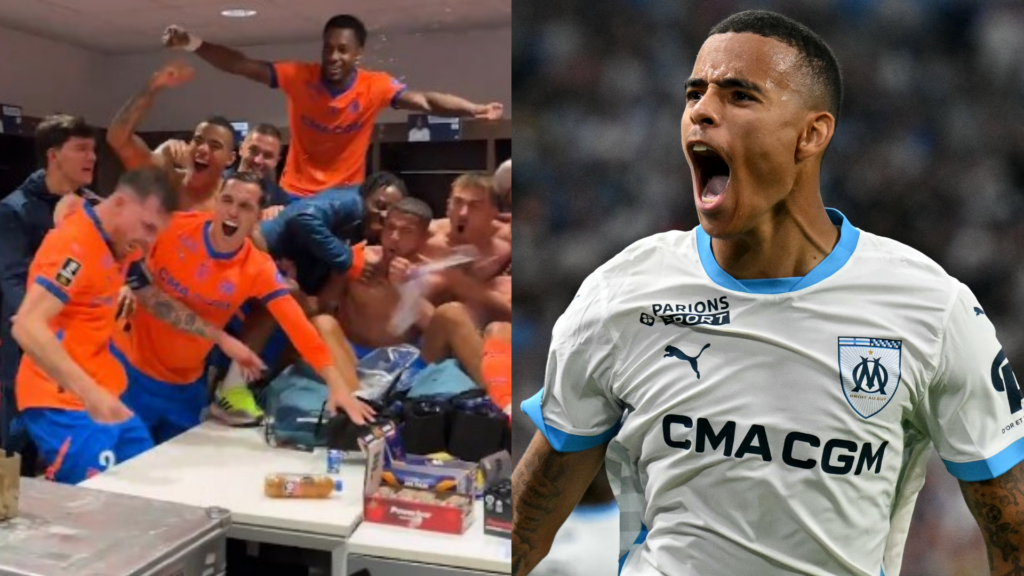 Mason Greenwood celebrates wildly after Marseille win over Lyon