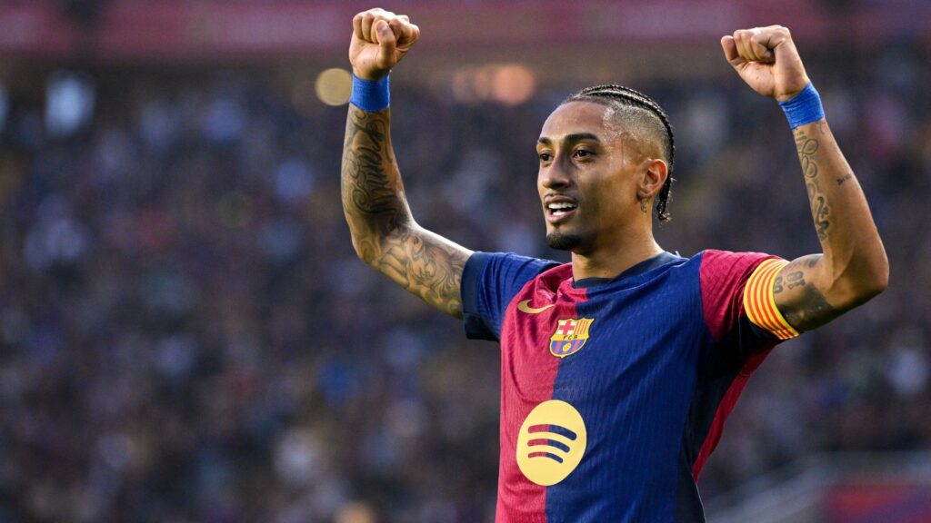 Barcelona's Brazilian forward #11 Raphinha celebrates scoring