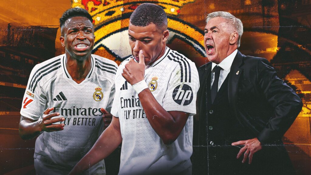 Carlo Ancelotti Real Madrid Kylian Mbappe Vinicius Jnr crisis GFX