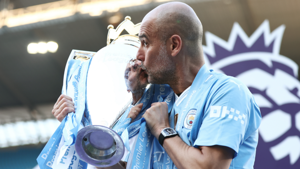 Pep Guardiola Premier League trophy Manchester City