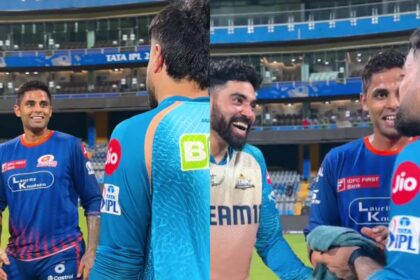 Surya Kumar Yadav with Rashid Khan and Mohammad Siraj