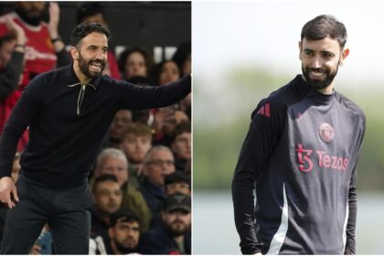 Ruben Amorim and Bruno Fernandes could see the funny side in the rather dismal air around Manchester United going into the Europa League final (AP)