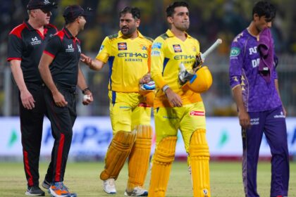 CSK captain Mahendra Singh Dhoni, center, and batting partner Anshul Kamboj leave the field at the end of the Indian Premier League cricket match between Kolkata Knight Riders and Chennai Super Kings at Eden Gardens in Kolkata, India, Wednesday, May 7, 2025. (AP Photo)