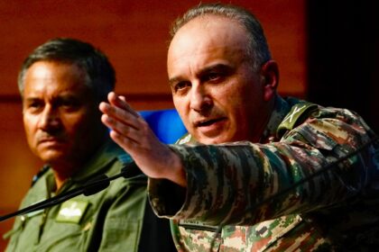 Director General of Military Operations Lt. Gen. Rajiv Ghai, right, speaks at the DGMO media briefing as Air Marshal AK Bharti looks on in New Delhi on Sunday. (AP Photo)