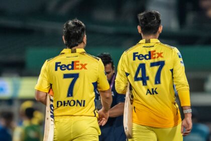 CSK skipper MS Dhoni with Anshul Kamboj during IPL 2025. (Sportzpics)