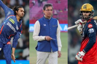 L-R: Digvesh Rathi, Harsha Bhogle and Jitesh Sharma in action during IPL 2025. (Sportzpics for IPL)