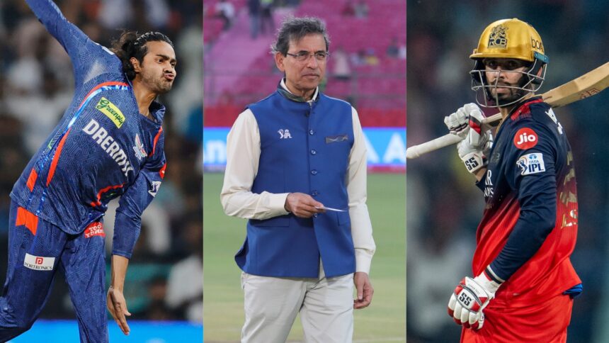 L-R: Digvesh Rathi, Harsha Bhogle and Jitesh Sharma in action during IPL 2025. (Sportzpics for IPL)