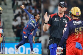 L-R: LSG's Digvesh Rathi in bowling run-out and Jitesh Sharma discussion with umpires post the run-out appeal. (Sportzpics for IPL)