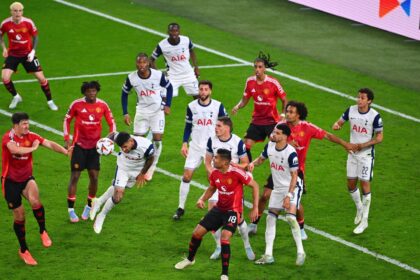 Tottenham Hotspur and Manchester United players during the Europa League final in Bilbao. (AP)