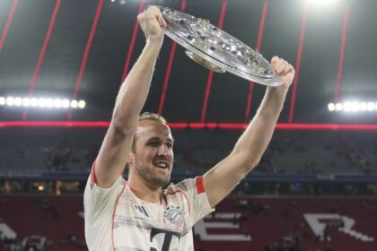 Harry Kane after lifting his first major title for Bayern Munich in Bundesliga. (PHOTO: AP)