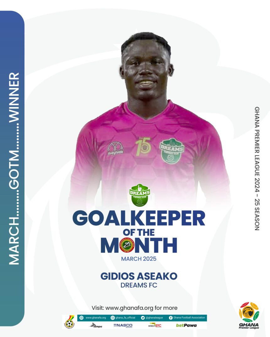 Dreams FC's Gidios Aseako wins Goalkeeper of the month for March