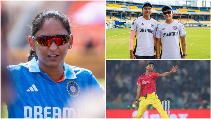 (Clockwise from left) India captain Harmanpreet Kaur, Sree Charani and Kashvee Gautam who made their debuts earlier in the tri-series, and Kranti Goud who is the latest debutant. Images: Sportzpics / BCCI Women