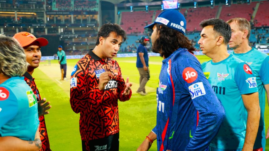 IPL 2025 points table: Abhishek Sharma of Sunrisers Hyderabad and Digvesh Singh of Lucknow Super Giants talk after the IPL 2025 game. (Photo: Sportzpics for IPL)