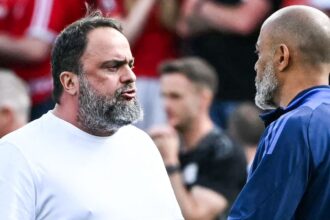 Nuno Espirito Santo (R) with Forest's owner Evangelos Marinakis after the game. (PHOTO: Sky Sports)