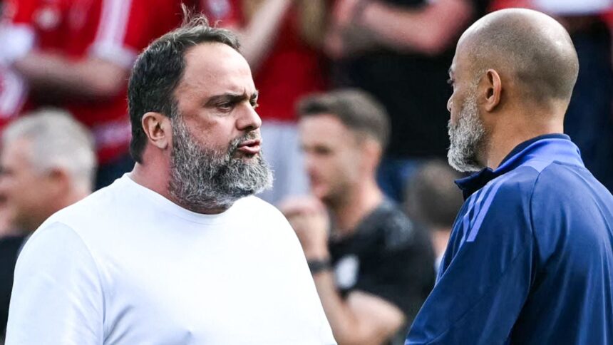Nuno Espirito Santo (R) with Forest's owner Evangelos Marinakis after the game. (PHOTO: Sky Sports)