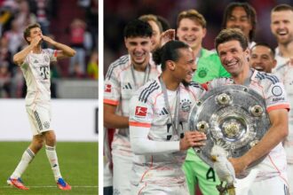 Thomas Muller celebrating his 13th Bundesliga trophy with Bayern Munich. (PHOTO: AP)