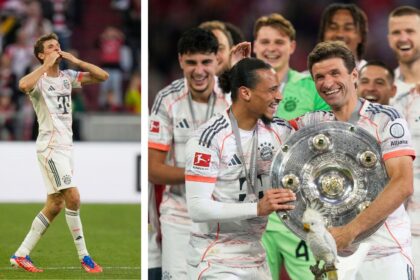 Thomas Muller celebrating his 13th Bundesliga trophy with Bayern Munich. (PHOTO: AP)