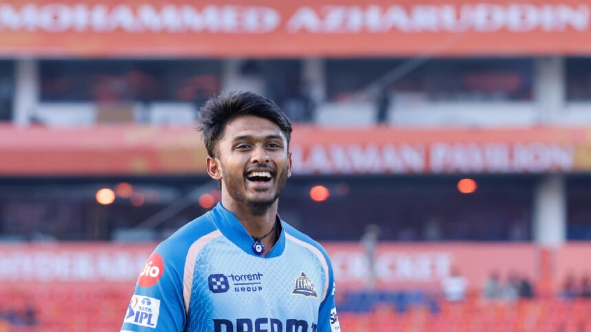 Sai Sudharsan of Gujrat Titans before the start of the match 20 of the Indian Premier League season 18 (IPL 2025) between Sunrisers Hyderabad and Gujarat Titans held at the Rajiv Gandhi International Stadium, Hyderabad on the 6th April 2025. (Sportzpics for IPL)