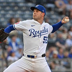 Kansas City Royals pitcher Cole Ragans (55) throws in the first inning against the Chicago White Sox at Kauffman Stadium.