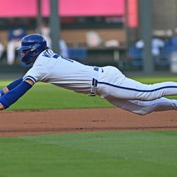 Kansas City Royals shortstop Bobby Witt Jr. (7) steals second in the first inning against the Chicago White Sox at Kauffman Stadium.