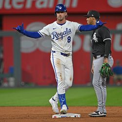 Kansas City Royals right fielder Drew Waters (8) reacts after driving in a run with a double in the eighth inning against the Chicago White Sox at Kauffman Stadium.
