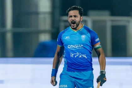 Harmanpreet Singh celebrates his goal against England in FIH Pro League
