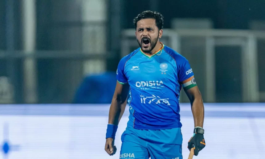 Harmanpreet Singh celebrates his goal against England in FIH Pro League