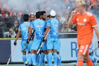 Indian mens hockey team celebrate a goal against Netherlands at the 2024-25 FIH Pro League