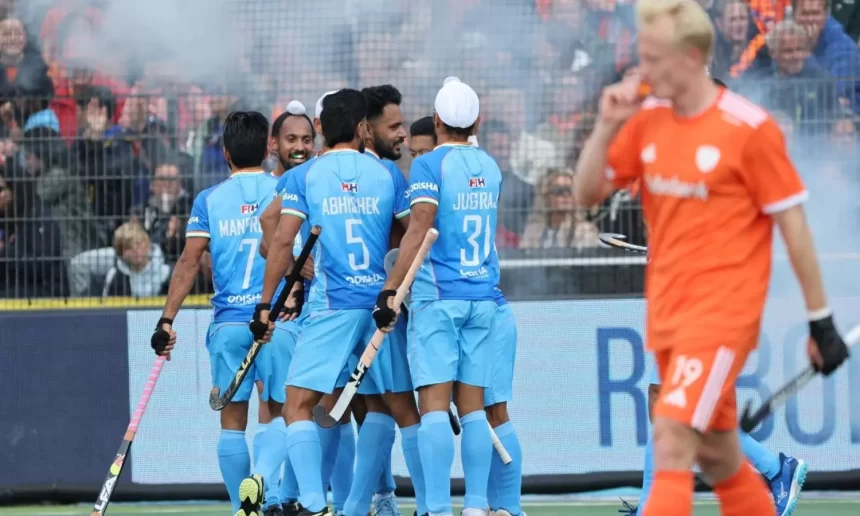 Indian mens hockey team celebrate a goal against Netherlands at the 2024-25 FIH Pro League
