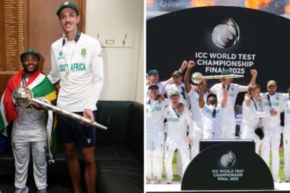 A dressing room snap of Temba Bavuma and Marco Jansen, posing with the Test mace, prize for all the efforts in ringing in South Africa's biggest ever cricket trophy. (ICC/AP)