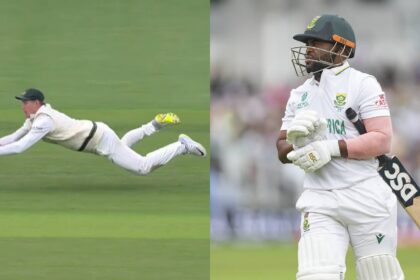 Marnus Labuschagne, a livewire on the field, started moving early to his right from short cover, dived full length and completed a fine catch. (ICC screenshot/AP Photo)