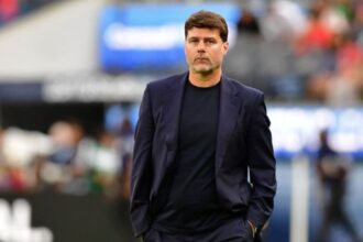 United States of America head coach Mauricio Pochettino walks off the field after the first half of a CONCACAF Nations League semifinal match at SoFi Stadium. (Credit: Gary A. Vasquez-Imagn Images via AP)