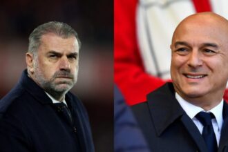 Former Tottenham Hotspur manager Ange Postecoglour and chairman Daniel Levy. (Reuters)