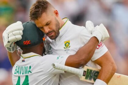 South Africa's Aiden Markram celebrates with Temba Bavuma after scoring a century in the World Test Championship final against Australia at Lord's cricket ground in London. (AP Photo)