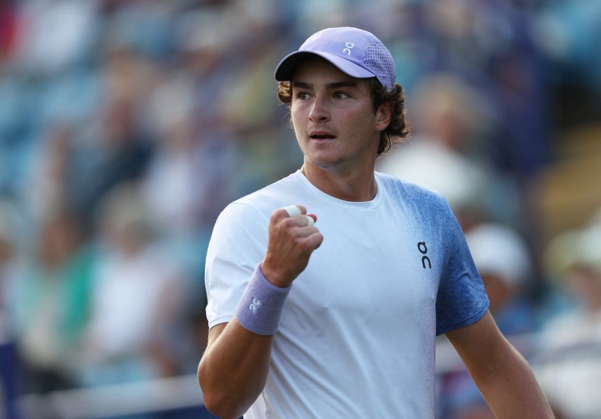 Fonseca reacts during a match at the Eastbourne Open in June.