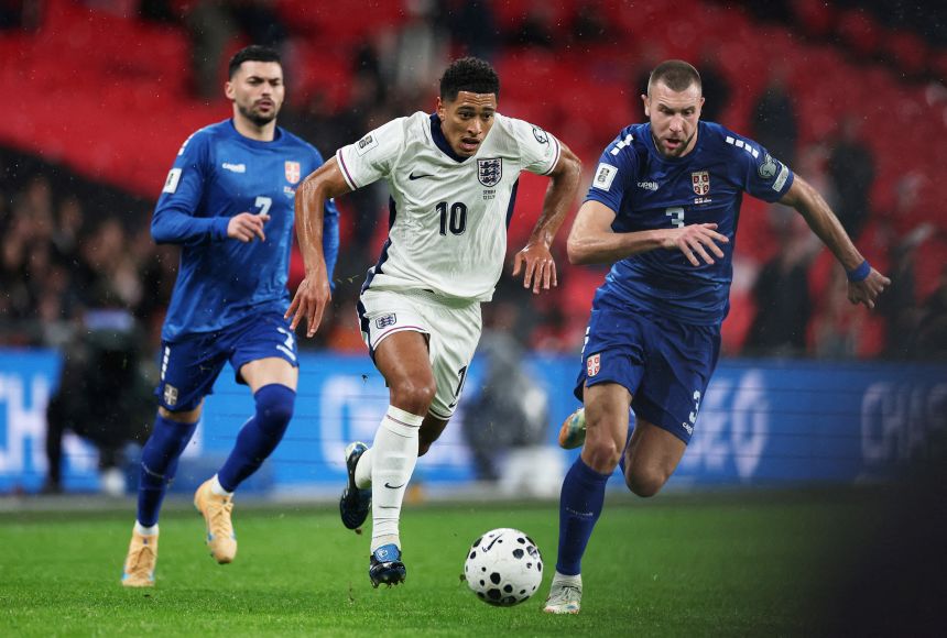 England's Jude Bellingham, center, plays against Serbia in November.