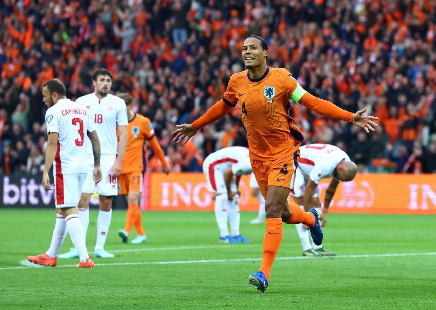 Netherlands star Virgil van Dijk celebrates a goal against Malta in June.