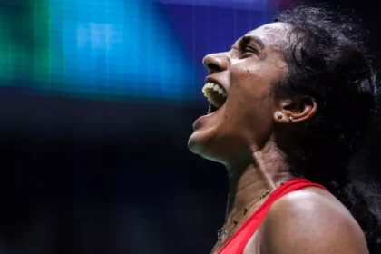PV Sindhu celebrates after winning against Tomoka Miyazaki at China Open Super 1000