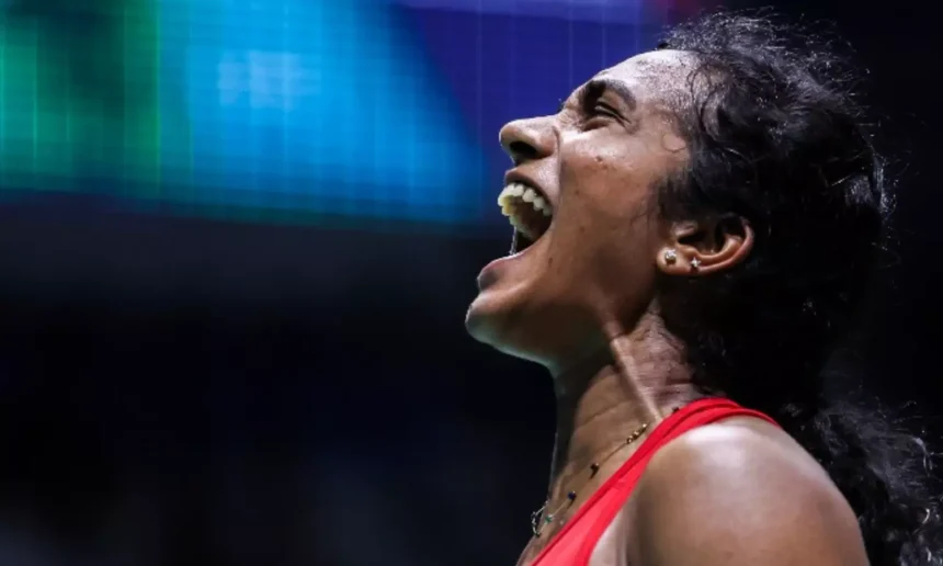 PV Sindhu celebrates after winning against Tomoka Miyazaki at China Open Super 1000