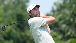 FILE - Scottie Scheffler hits a tee shot on the third hole during the final round of the Charles Schwab Challenge golf tournament at Colonial Country Club in Fort Worth, Texas, Sunday, May 26, 2024. The Masters champion has been the No. 1 player in the world for more than a year. Scheffler is so far ahead of the rest of golf that his margin atop the world ranking is the largest since the peak years of Tiger Woods. (AP Photo/LM Otero, File)