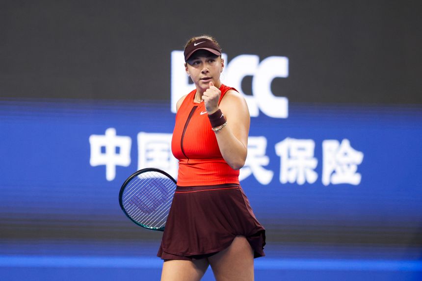 Amanda Anisimova celebrates a point in the women's final against Linda Nosková at the 2025 China Open.