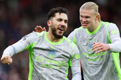 Manchester City's Rayan Cherki, left, celebrates with Erling Haaland after scoring his side's second goal during the Premier League match against Nottingham Forest. (PHOTO: AP)