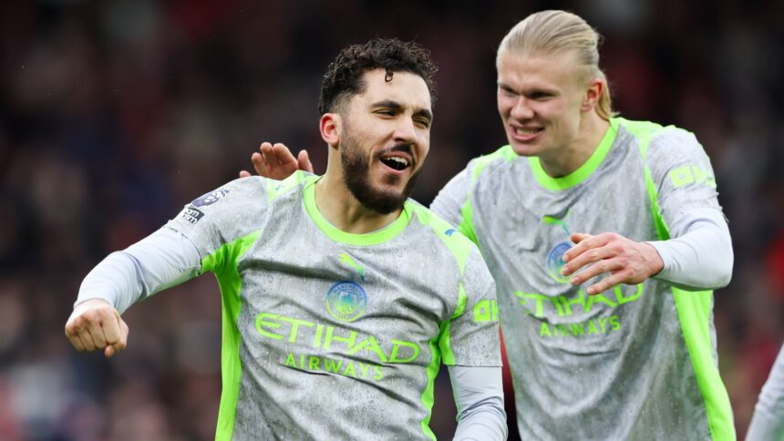 Manchester City's Rayan Cherki, left, celebrates with Erling Haaland after scoring his side's second goal during the Premier League match against Nottingham Forest. (PHOTO: AP)