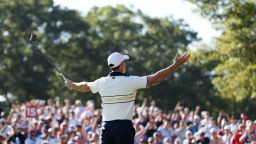 FARMINGDALE, NEW YORK - SEPTEMBER 28: Rory McIlroy of Team Europe reacts to the crowd after making a birdie to halve the 15th hole during the Sunday singles matches of the 2025 Ryder Cup at Black Course at Bethpage State Park Golf Course on September 28, 2025 in Farmingdale, New York. (Photo by Richard Heathcote/Getty Images)