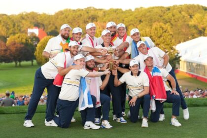 Europe celebrates winning the Ryder Cup at Bethpage Black in Farmingdale, New York on Sunday.