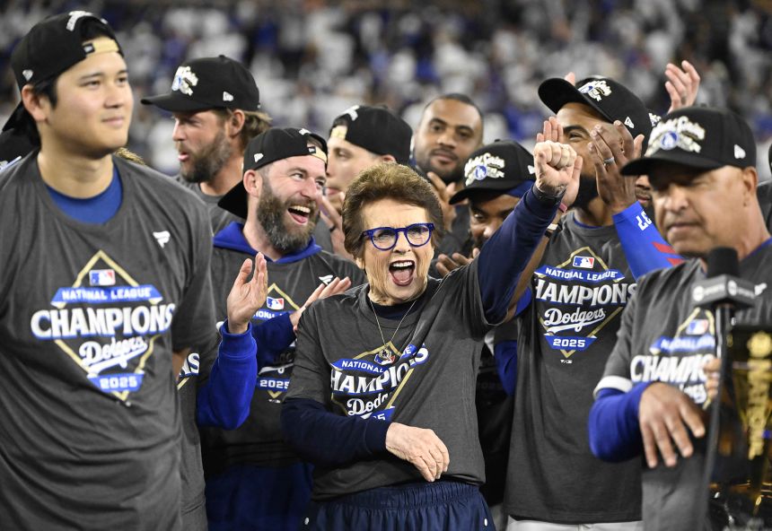 King celebrates after the Dodgers swept the Milwaukee Brewers in the National League Championship Series on October 17. She has an ownership stake in the team.