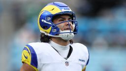 CHARLOTTE, NORTH CAROLINA - NOVEMBER 30: Puka Nacua #12 of the Los Angeles Rams looks on before the game against the Carolina Panthers at Bank of America Stadium on November 30, 2025 in Charlotte, North Carolina. (Photo by David Jensen/Getty Images)