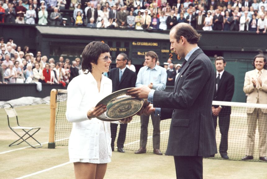 King is presented with the Venus Rosewater Dish trophy by Prince Edward, Duke of Kent after beating Australian tennis player Evonne Goolagong to become Wimbledon champion July 8, 1972.