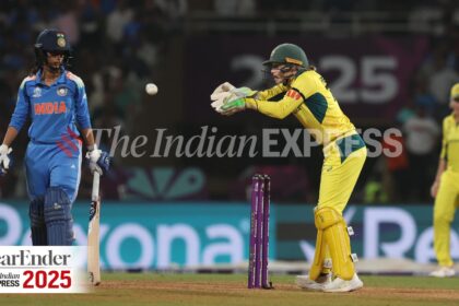 Australia skipper Alyssa Healy and India's Jemimah Rodrigues in action during Women's World Cup 2025 semifinal against India. (Express Photo by Amit Chakravarty)